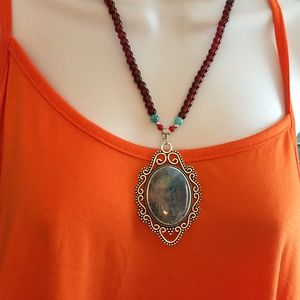 Beautiful Red Beaded Statement Necklace, Oval Turquoise Blue Pendant, Stretch